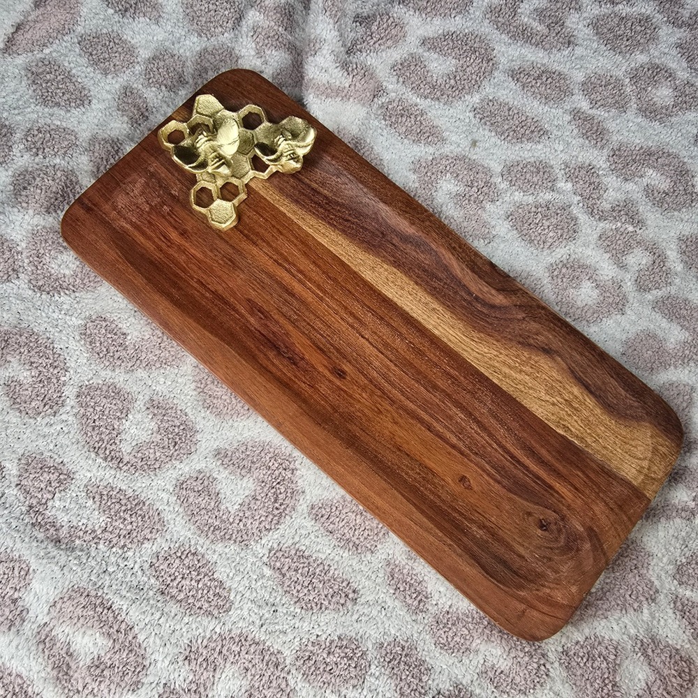 Acacia Wood Serving Tray Gold Honeybee Honeycomb Charcuterie Board Boho Decor